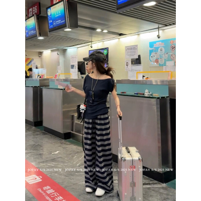 小侨Jofay 女裤子2025新款复古条纹宽松慵懒风阔腿休闲裤拖地卫裤