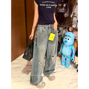 宽松阔腿高腰蓝色裤 小侨Jofay 2025新款 弯刀破洞牛仔裤 子 女夏薄款