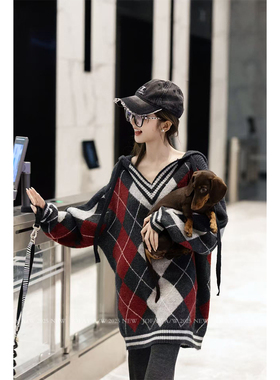 【CHASINGLIGHT】|露丝路透毛衣| 早秋新款连帽菱格针织毛衣女