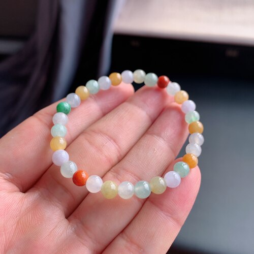 缅甸A货冰糯三彩翡翠圆珠手链