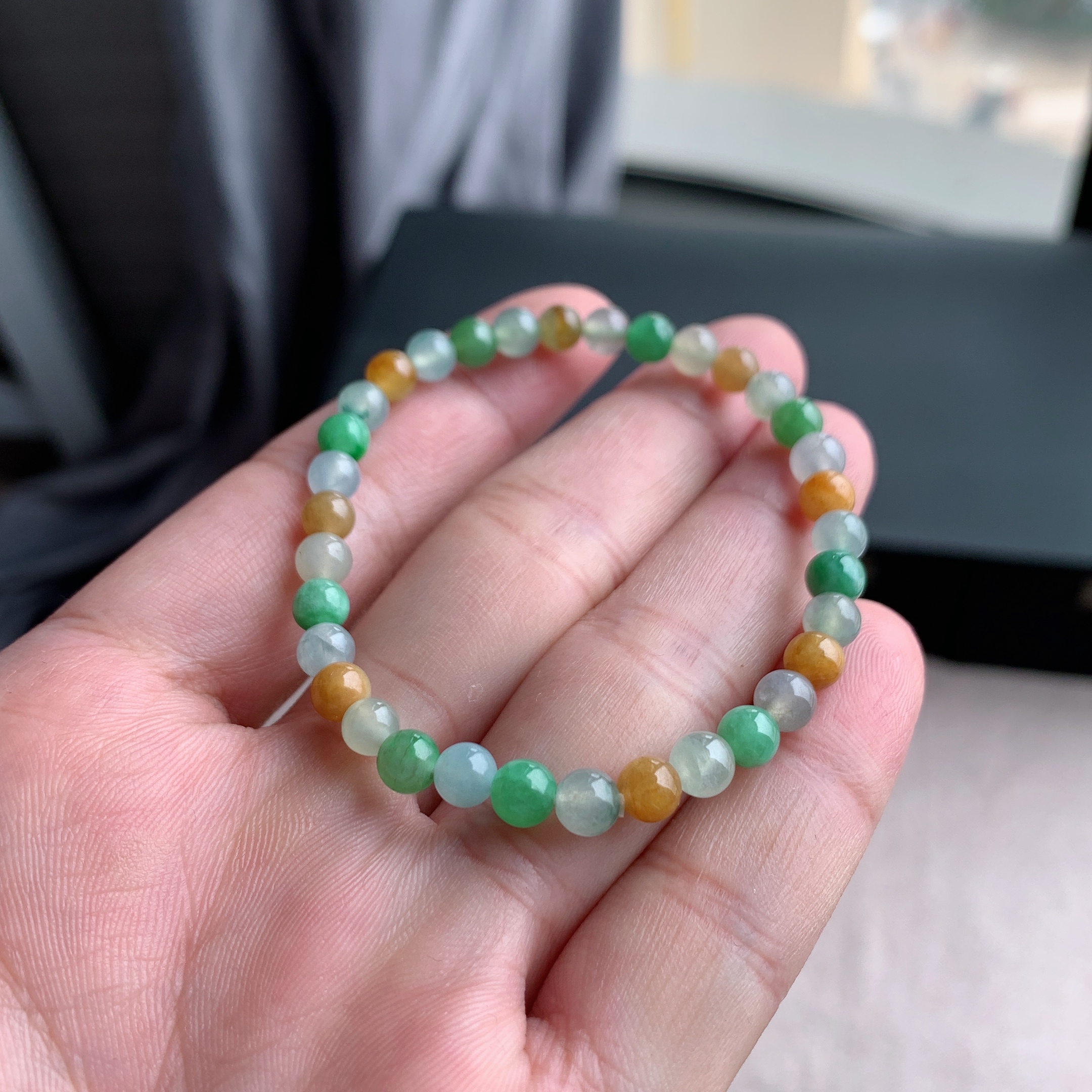 天然A货翡翠冰糯种三彩圆珠手链