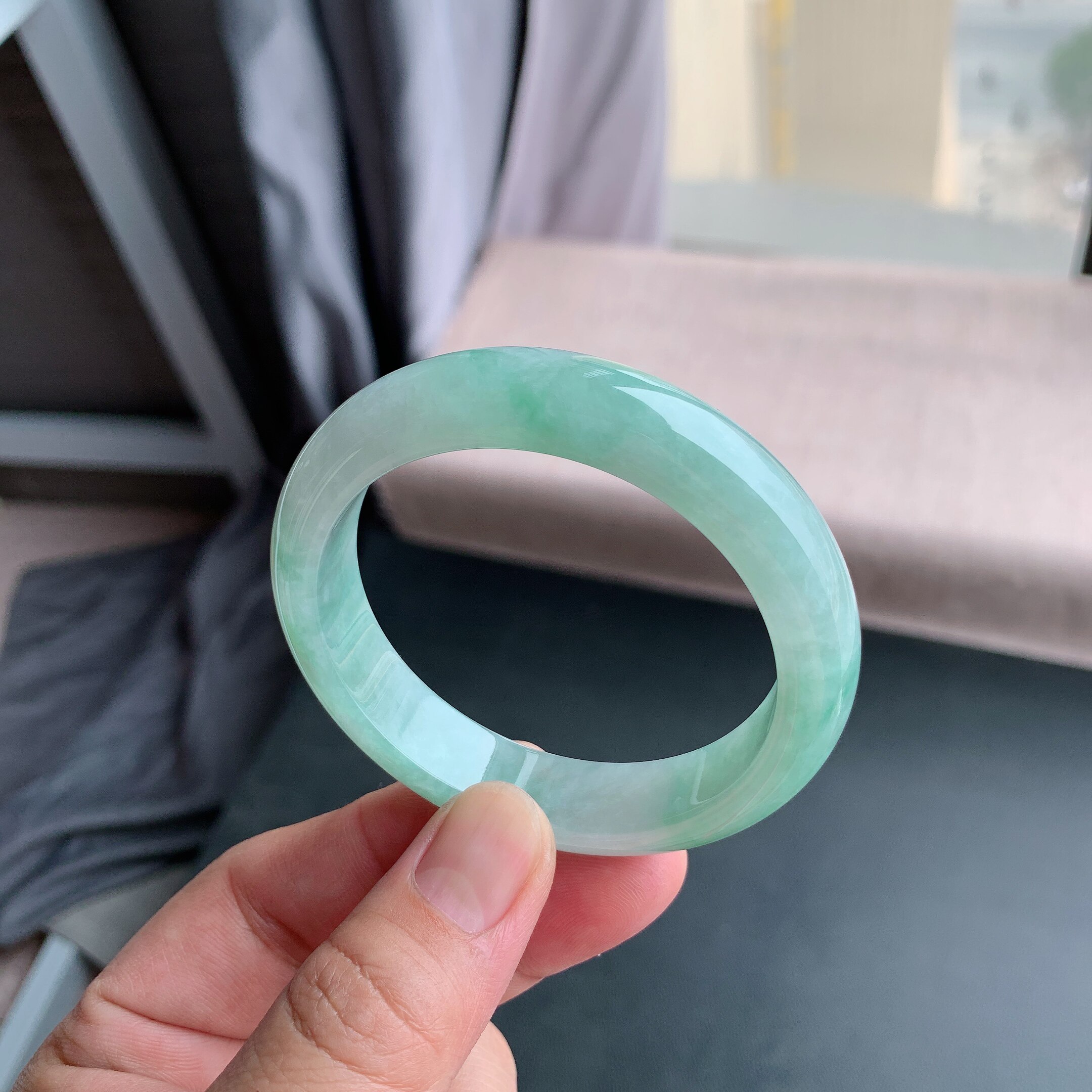 缅甸天然A货翡翠 56圈口冰糯种满绿豆绿正圈手镯700121玉镯T10