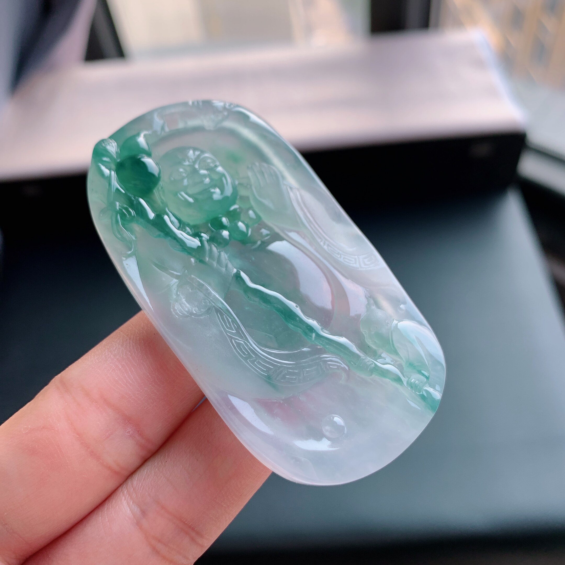 缅甸天然A货翡翠 冰种冰飘蓝花逍遥佛公挂件吊坠L28