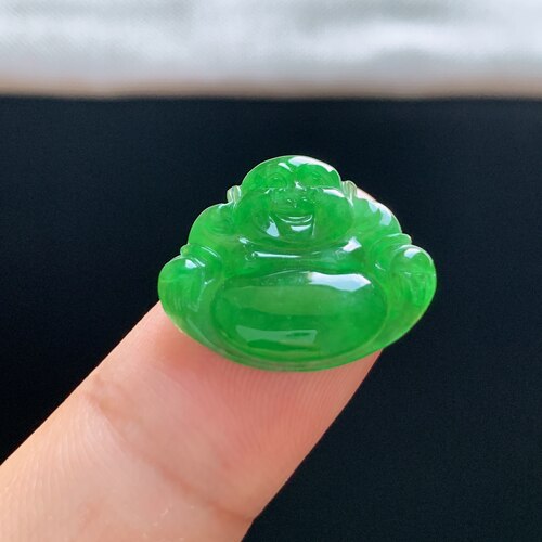 缅甸A货冰糯阳绿翡翠佛公镶件