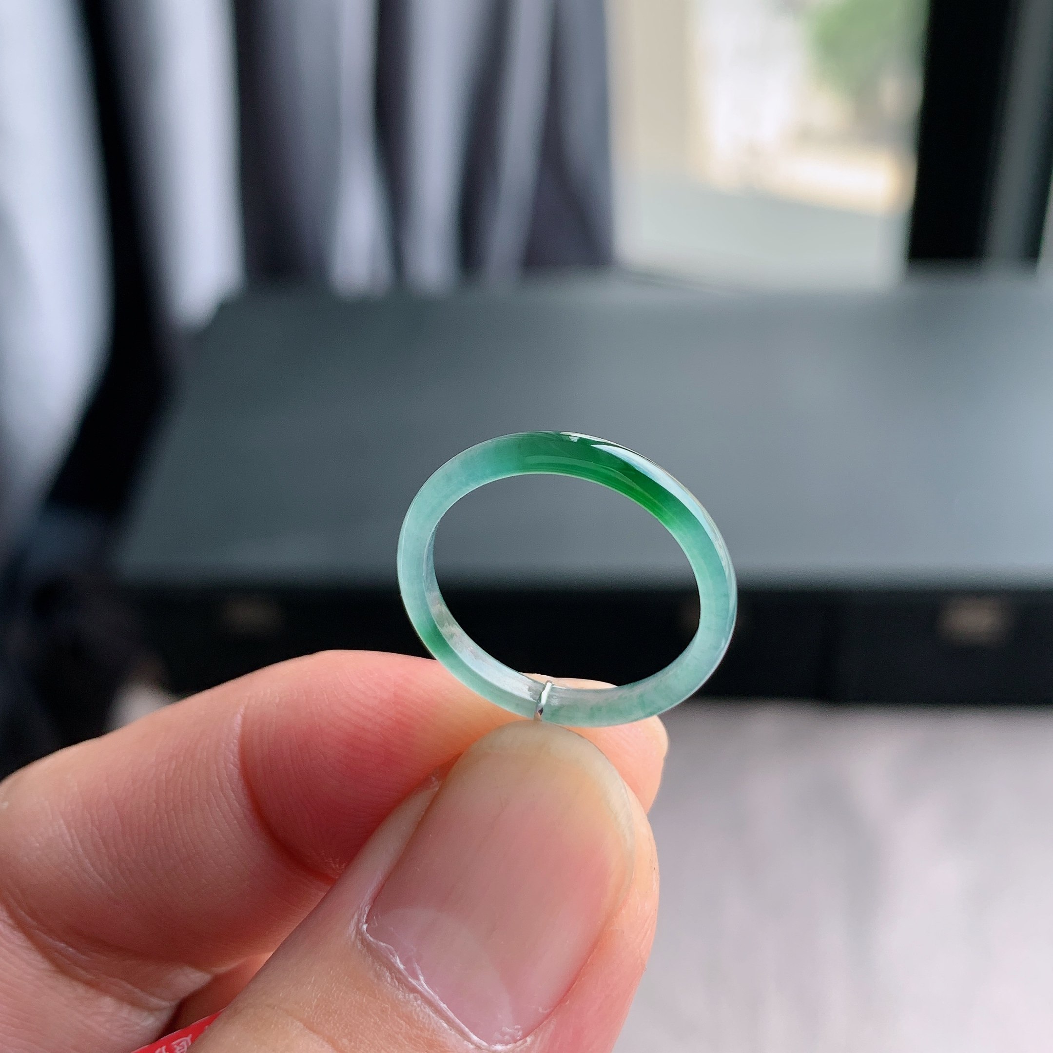 天然A货翡翠 冰种12号飘绿花戒指指环戒圈42000857