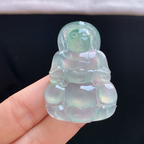 缅甸A货冰种白月光翡翠观音吊坠