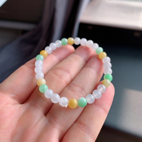 缅甸A货冰糯三彩翡翠圆珠手链