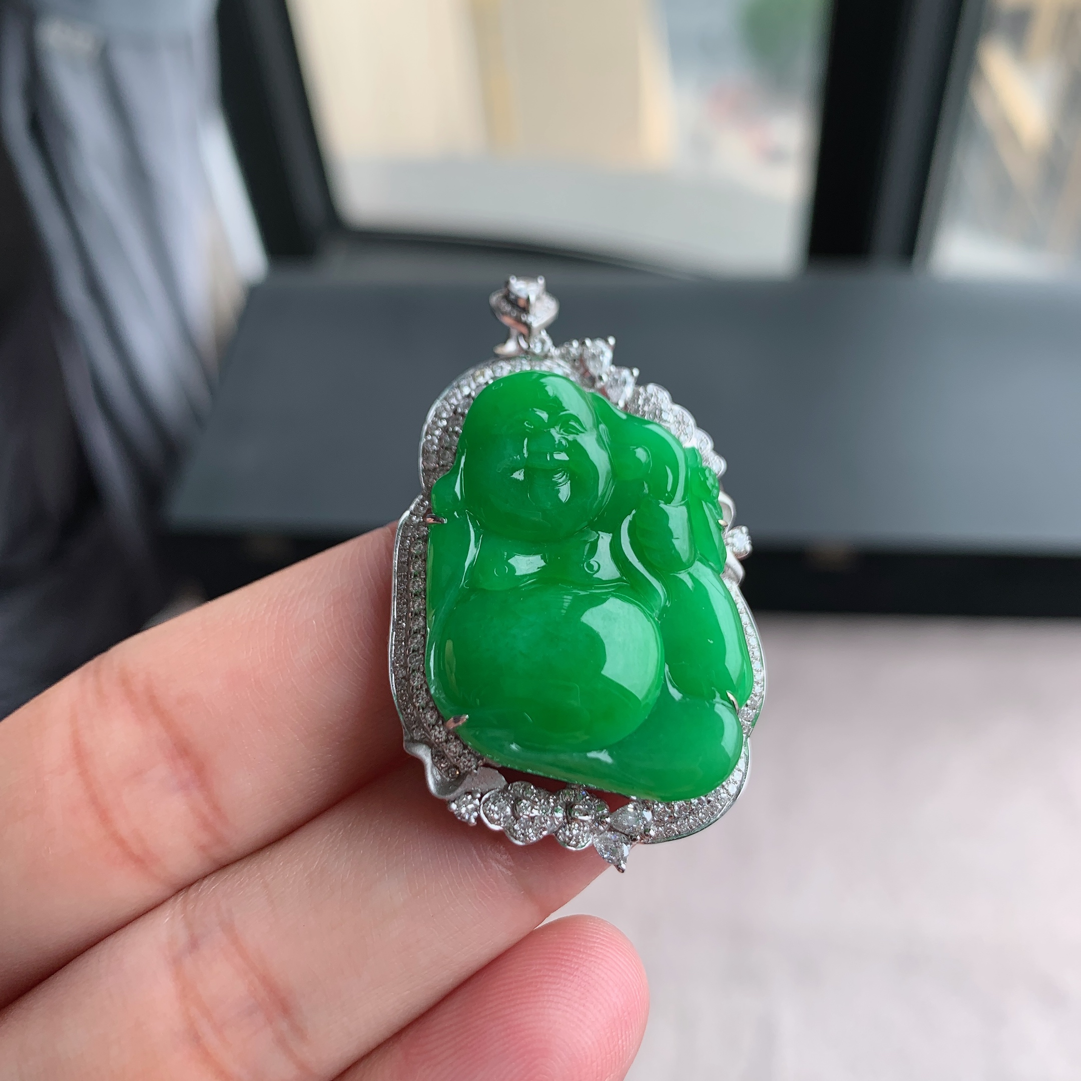 缅甸天然A货翡翠 18K金伴钻镶满绿阳绿佛公挂件吊坠L21