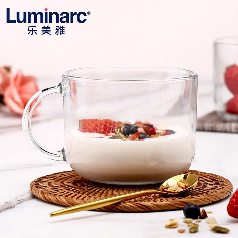 乐美雅玻璃牛奶杯家用钢化耐热可微波手柄早餐杯果汁饮料喝水杯子