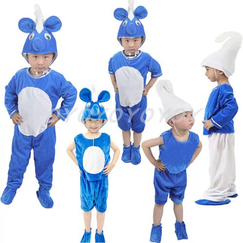 儿童蓝色精灵演出服装蓝妹妹舞蹈服卡通动画表演服格格巫童话剧衣