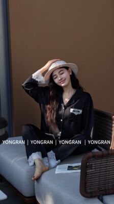雍然睡衣女专柜正品新款南韩丝黑色显瘦小香风长袖长裤套装可外穿