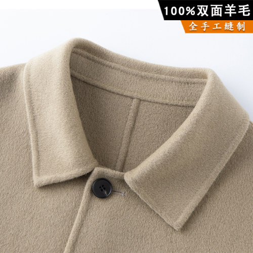 全手工双面羊绒夹克大衣男短款翻领100%羊毛呢子双面呢休闲外套