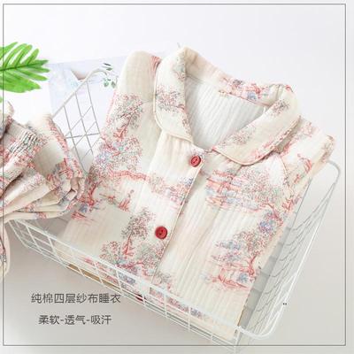 新款四层棉纱睡衣女春秋水墨画复古长袖套装纯棉国风可外穿家居服