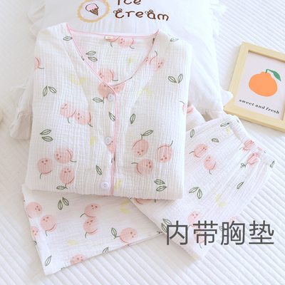 胸垫款女纯棉纱布长袖睡衣透气吸汗
