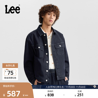 Lee25秋冬新品舒适版翻领不易褪色深蓝色磨毛男牛仔夹克外套保暖