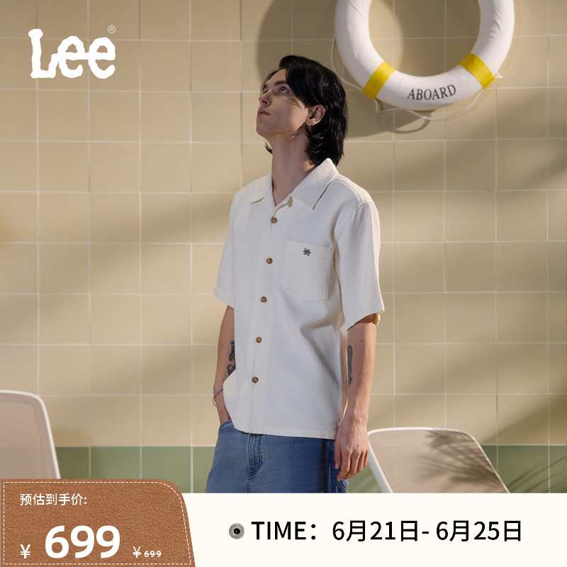 Lee商场同款25春夏新品舒适版翻领101+米白色男短袖衬衫休闲潮