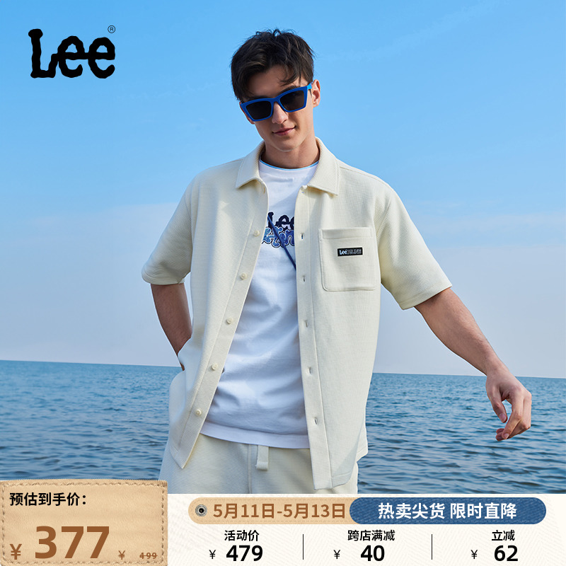 Lee24春夏新品舒适版Logo织标米白色男短袖衬衫休闲LMT008131204 男装 衬衫 原图主图