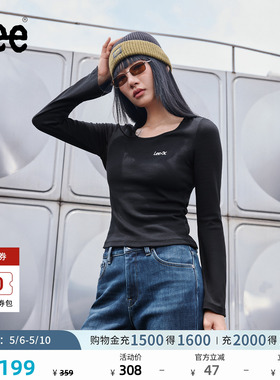 Lee修身版圆领刺绣Logo设计黑色女罗纹长袖T恤休闲潮LWT010876207