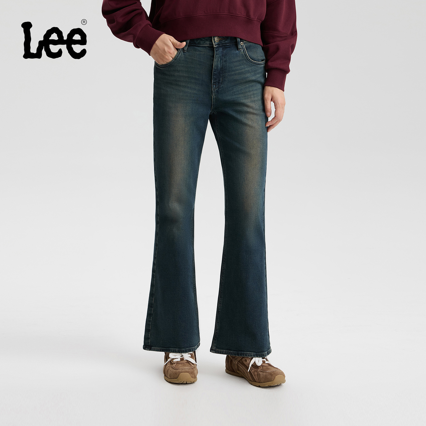 427标准高腰喇叭 采用棕色调复古深蓝色水洗