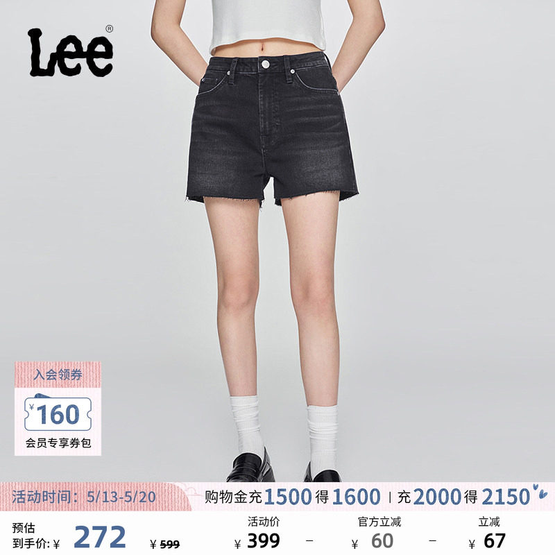 Lee日常经典五袋款设计毛边黑灰色水洗女士牛仔短裤休闲潮A080