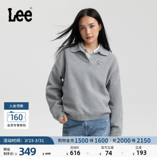 Lee舒适版 翻领套头肌理感针织小刺绣Logo灰色女毛衣休闲潮流 经典