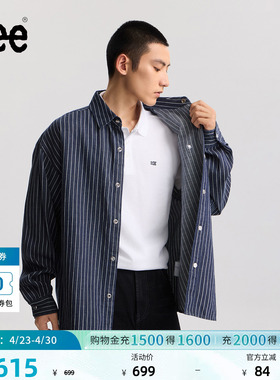 Lee商场同款26春夏新品宽松版翻领工装风男条纹长袖牛仔衬衫潮流