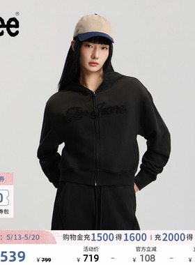 Lee商场同款26春夏新品舒适版拼布Logo黑色女短款连帽开衫卫衣潮