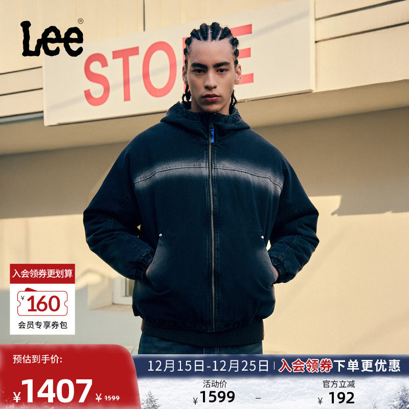 Lee暖fufu商场款25冬新舒适版连帽连肩袖设计黑灰色男牛仔羽绒服