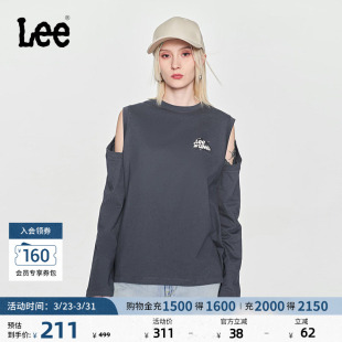 T恤潮流LWT0082344LE 灰色女长袖 Lee舒适版 圆领露肩印花Logo插肩袖