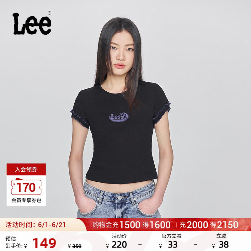 Lee修身版圆领刺绣Logo设计黑色女短袖T恤显瘦休闲潮LWT0