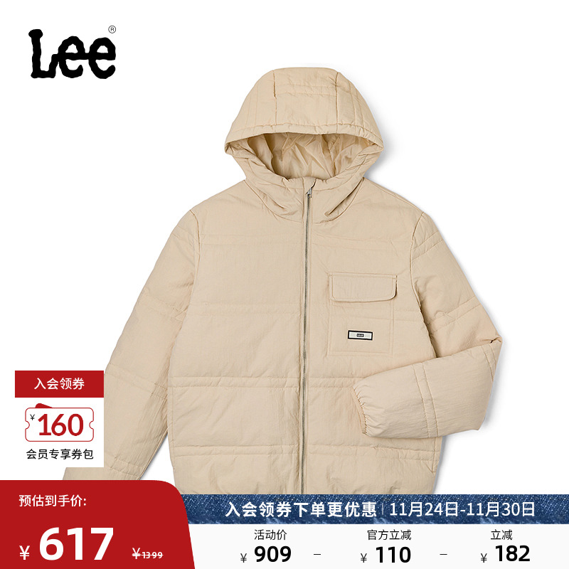 Lee商场同款标准版连帽小Logo织标男羽绒服外套潮流LMT0088617KH