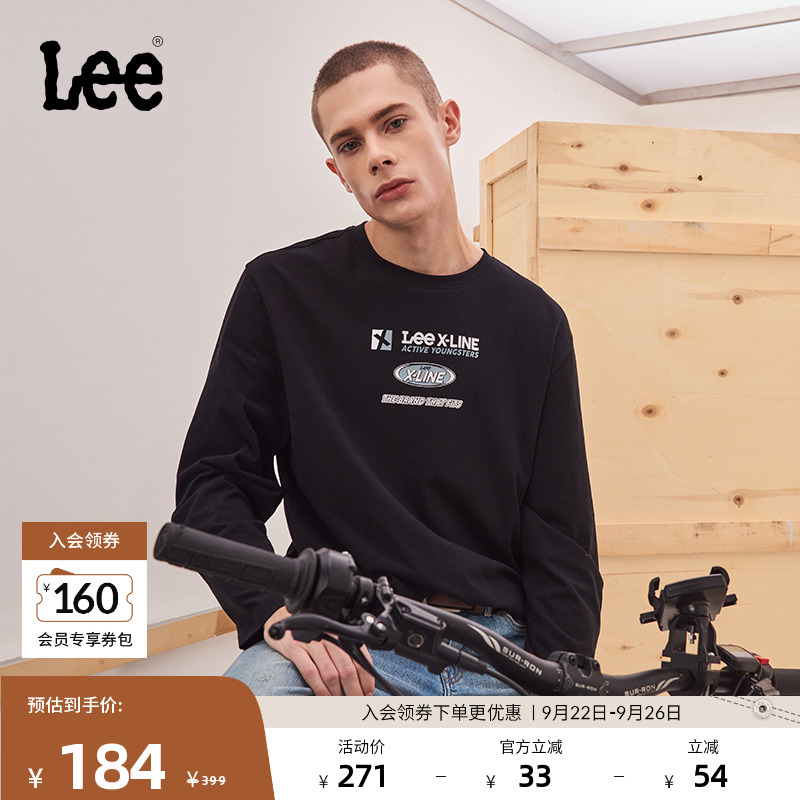 Lee图案圆领黑色男长袖T恤