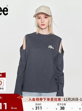 Lee舒适版圆领露肩印花Logo插肩袖灰色女长袖T恤潮流LWT0082344LE