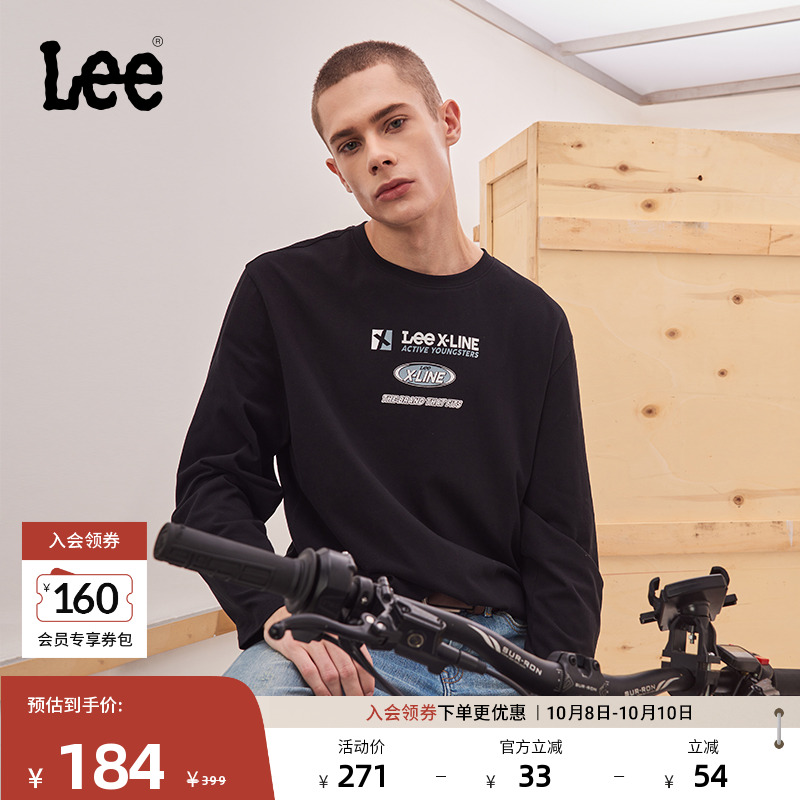 Lee图案圆领黑色男长袖T恤