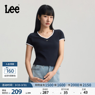罗纹撞色V领小Logo徽标女短袖 版 T恤休闲显瘦潮 修身 Lee26春夏新品