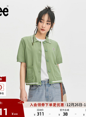 Lee舒适版绿色女翻领刺绣针织短袖polo衫休闲潮流LWT008245201