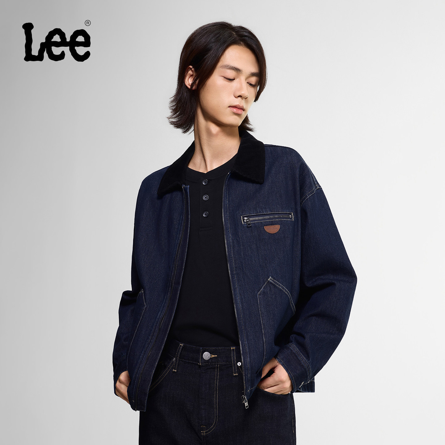 Lee26秋冬新品宽松版logo翻领男长袖牛仔夹克拉链外套