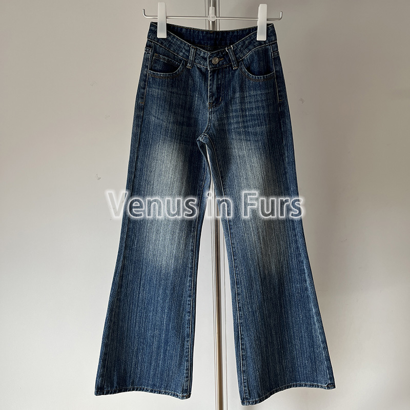 复古低腰竹节水洗磨白喇叭牛仔裤