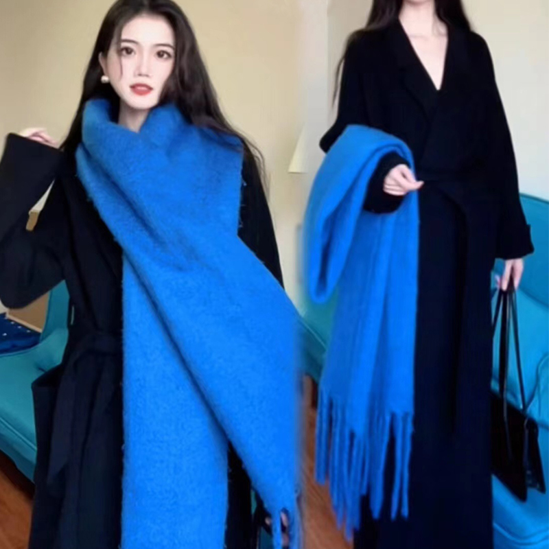 氛围感马海毛大围巾女冬季2025新款韩版百搭防寒保暖围脖蓝色加厚