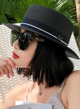 欧美M标网红草帽夏天百搭小清新遮阳防晒太阳帽子女黑色平顶礼帽