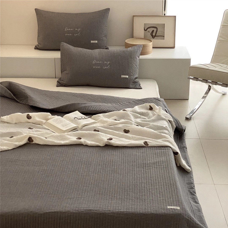 韩国进口色织水洗棉床盖三件套简约全棉夹棉床单四季可用绗缝被夏