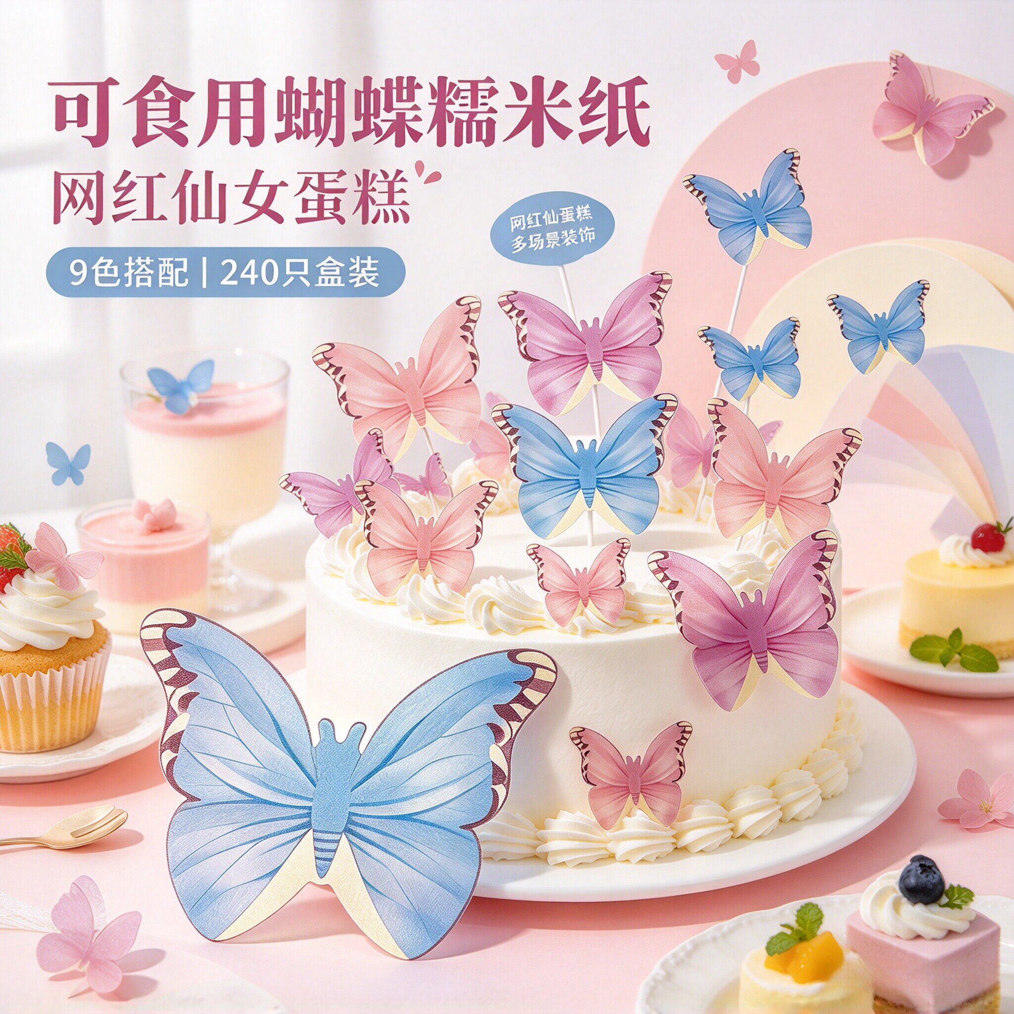 蝴蝶糯米纸生日婚礼蛋糕甜品装饰
