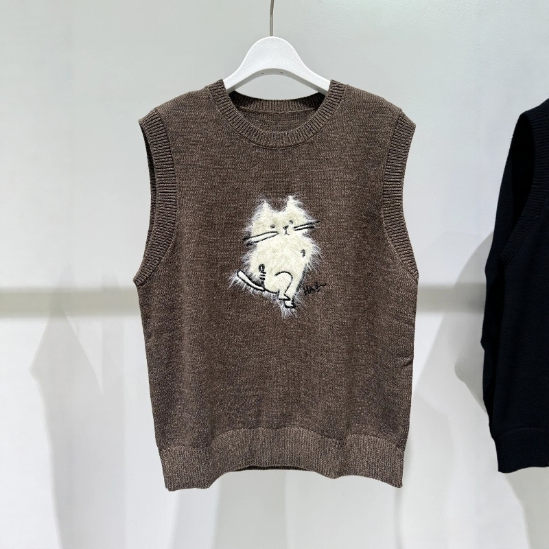 猫咪圆领休闲针织背心马甲女上衣