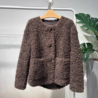 咖啡色羊羔毛短款圆领毛绒外套女
