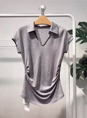 26春季新款短袖V领针织T恤女灰色收腰打底衫设计感上衣4H4101451X