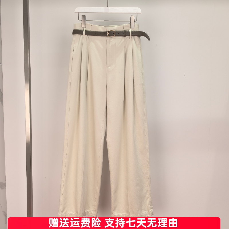 腰带高腰阔腿休闲直筒牛仔裤卡其