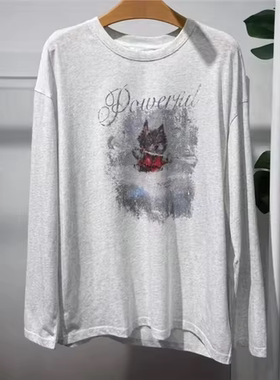 MM麦麦春季款休闲风印花长袖针织T恤女宽松圆领灰色上衣4H4101741