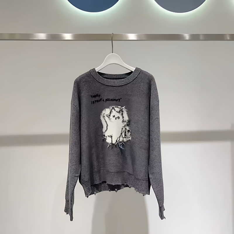灰色卡通圆领针织衫毛衣女上衣