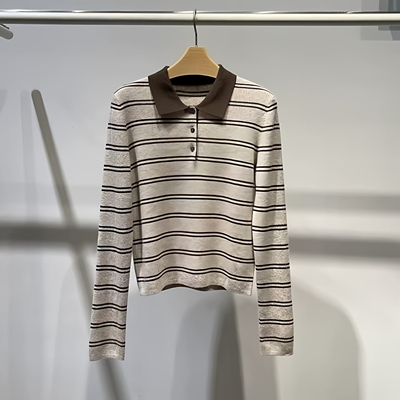 绵羊毛条纹polo领针织衫上衣女
