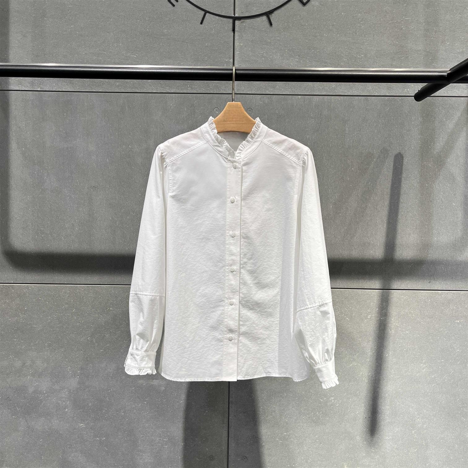 木耳边立领长袖衬衫女纯棉上衣